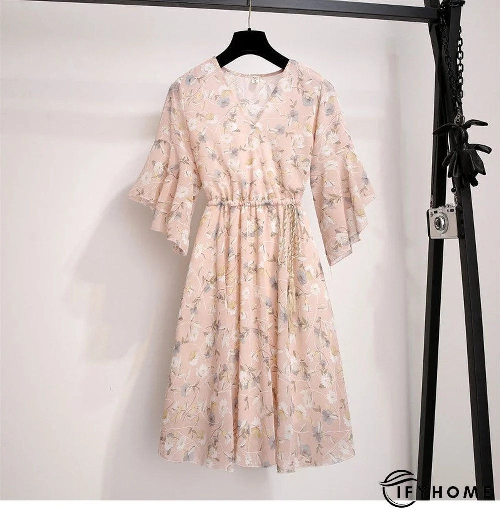 Spring Summer Chiffon Women V-Neck Floral Print Short Dresses Sweet Ruffle Sleeeve Slim Drawstring Ladies Dress | IFYHOME