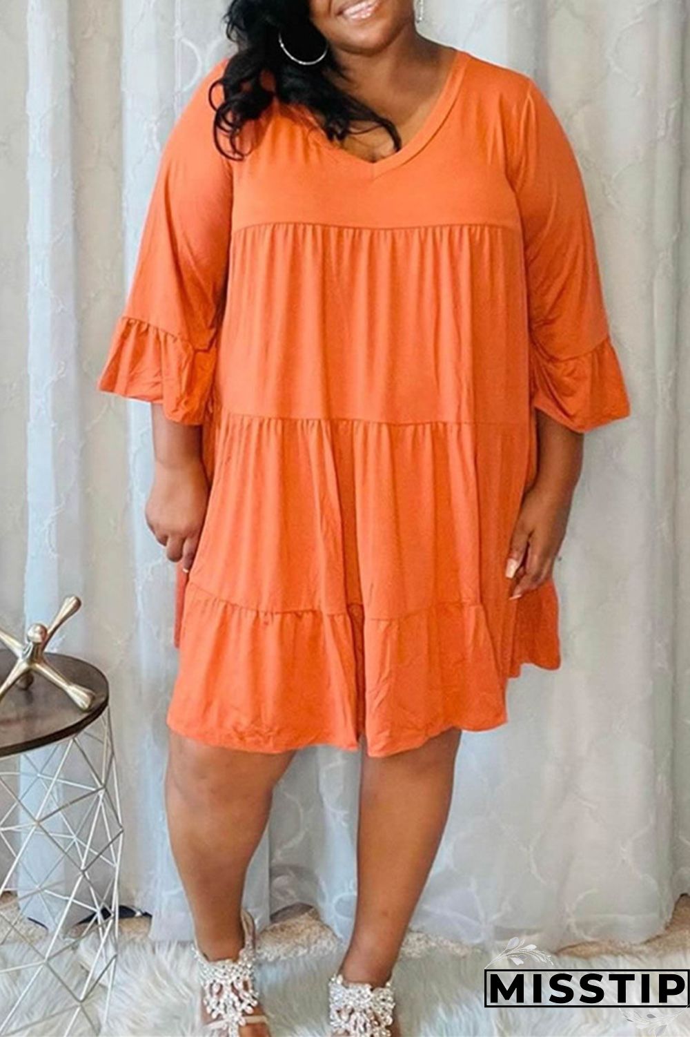 Orange Fashion Casual Solid Patchwork V Neck Plus Size Dresses