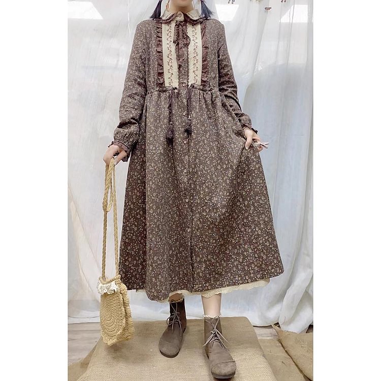 Queenfunky cottagecore style Vintage Thick Cotton Embroidered Dress QueenFunky