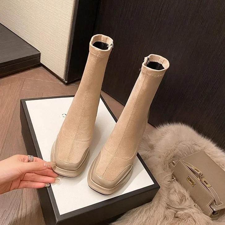 Breakj Breakj Short-Skin Women Splicing 2025 Autumn And Winter Retro Martin Boots Coarse And Waterproof Table Not Tired Of Elastic Thin Boots