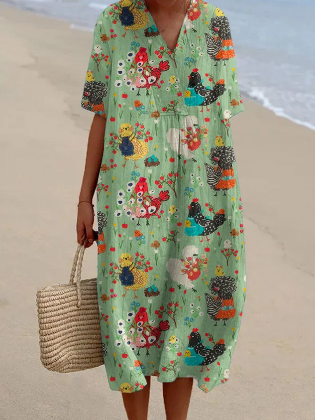 Women's Cute Floral Chicken Pattern Flowy Dress