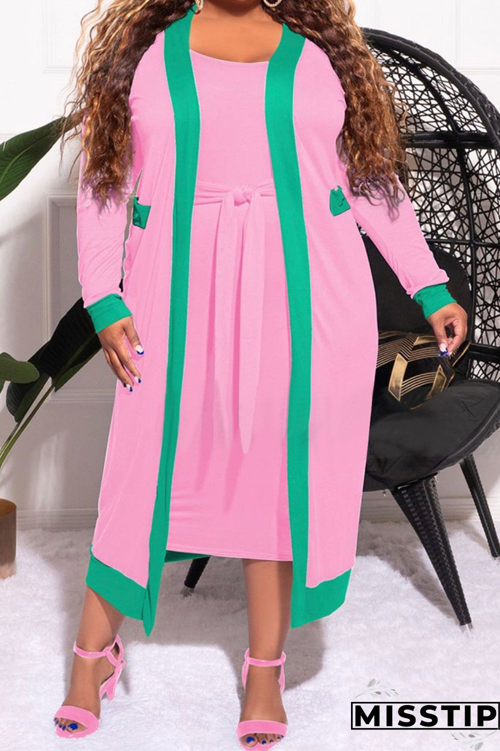 Blue Fashion Casual Solid Patchwork O Neck Plus Size Two Pieces