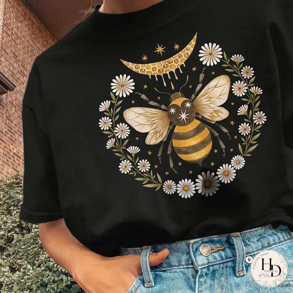 Vintage Round Neck Short-Sleeved Bee Flower Print Tee