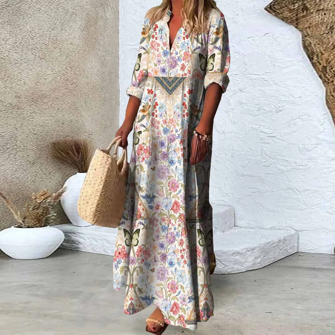 Women Floral,Butterfly,Yellow,Red DZDN0259 SPU Printed Long Sleeve V-neck Maxi Dress