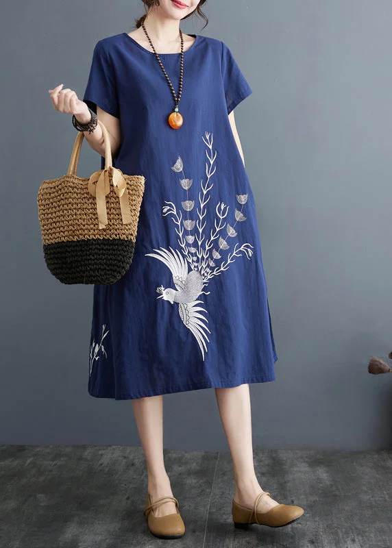 Boutique Navy Phoenix Embroidered Linen Dress Summer