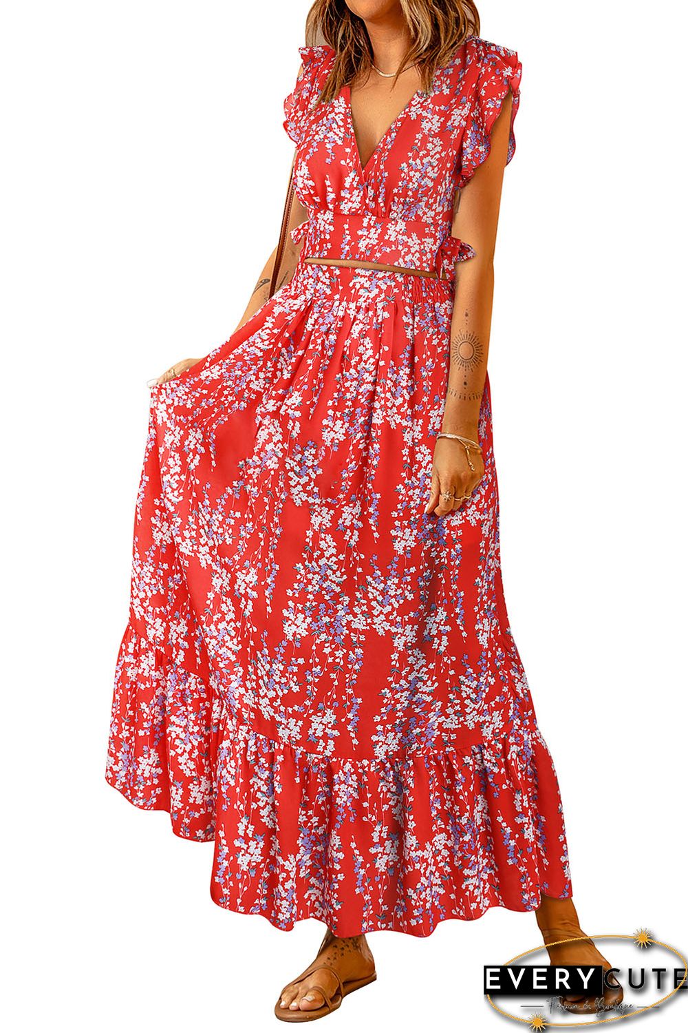 Red Multicolor Floral Ruffled Crop Top and Maxi Skirt Set