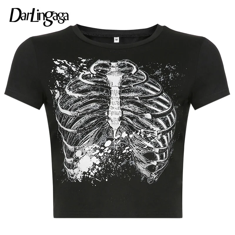 Darlingaga Mall Goth Skeleton Print Dark Women's T-shirts Y2K Bodycon Punk Harajuku Crop Top Gothic Clothes Tee Shirt Femme 2021