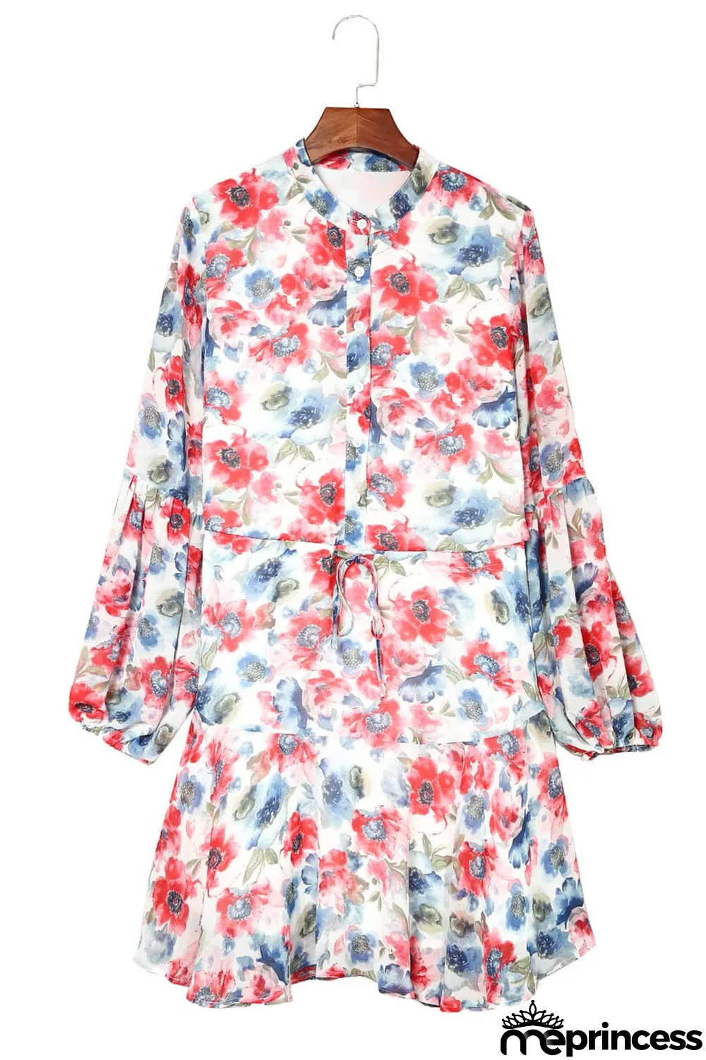 Sky Blue Vintage Floral Print Drawstring Flowy Dress
