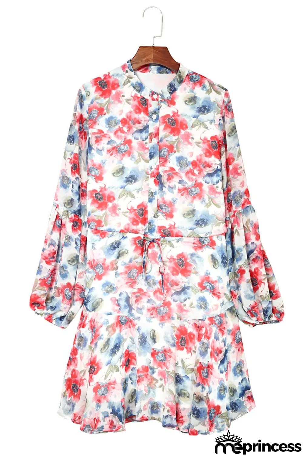 Sky Blue Vintage Floral Print Drawstring Flowy Dress