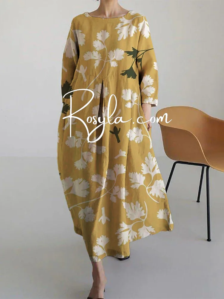 Women's Casual Yellow Floral Print Long Sleeve Midi Dress