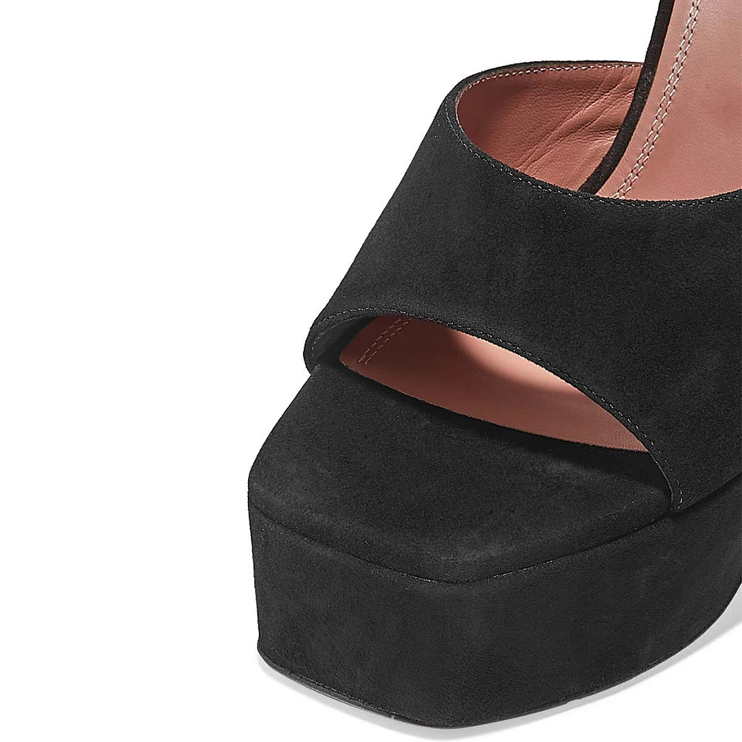 Wide Strap Square Toe Flared Heel Slip On Black Platform Sandals