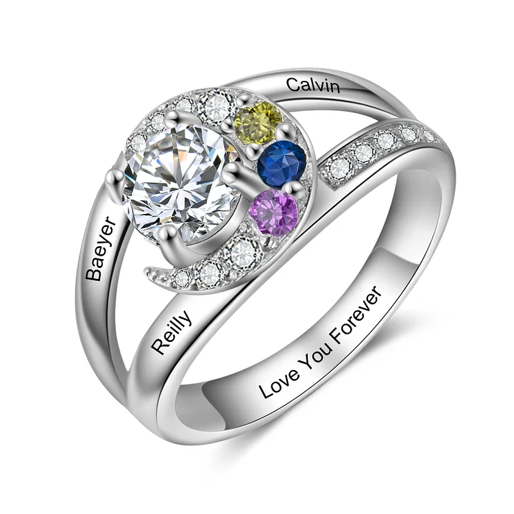 Personalized Moon Ring Custom 3 Birthstones Family Ring for Her