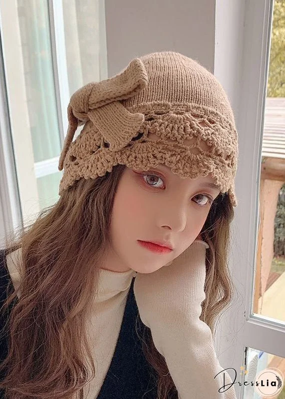 Modern Khaki Hollow Out Patchwork Bow Knit Bonnie Hat
