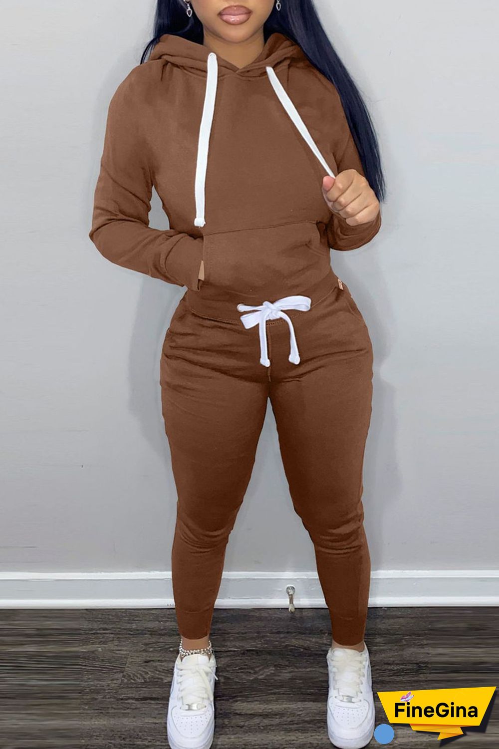 Khaki Casual Solid Patchwork Hooded Collar Long Sleeve Two Pieces