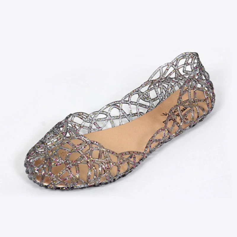 Women Bling Jelly Sandals Summer Flats Shoes New Casual Female Mesh Fashion Hollow Out Slip on Ladies Shoe Comfortable Footwear