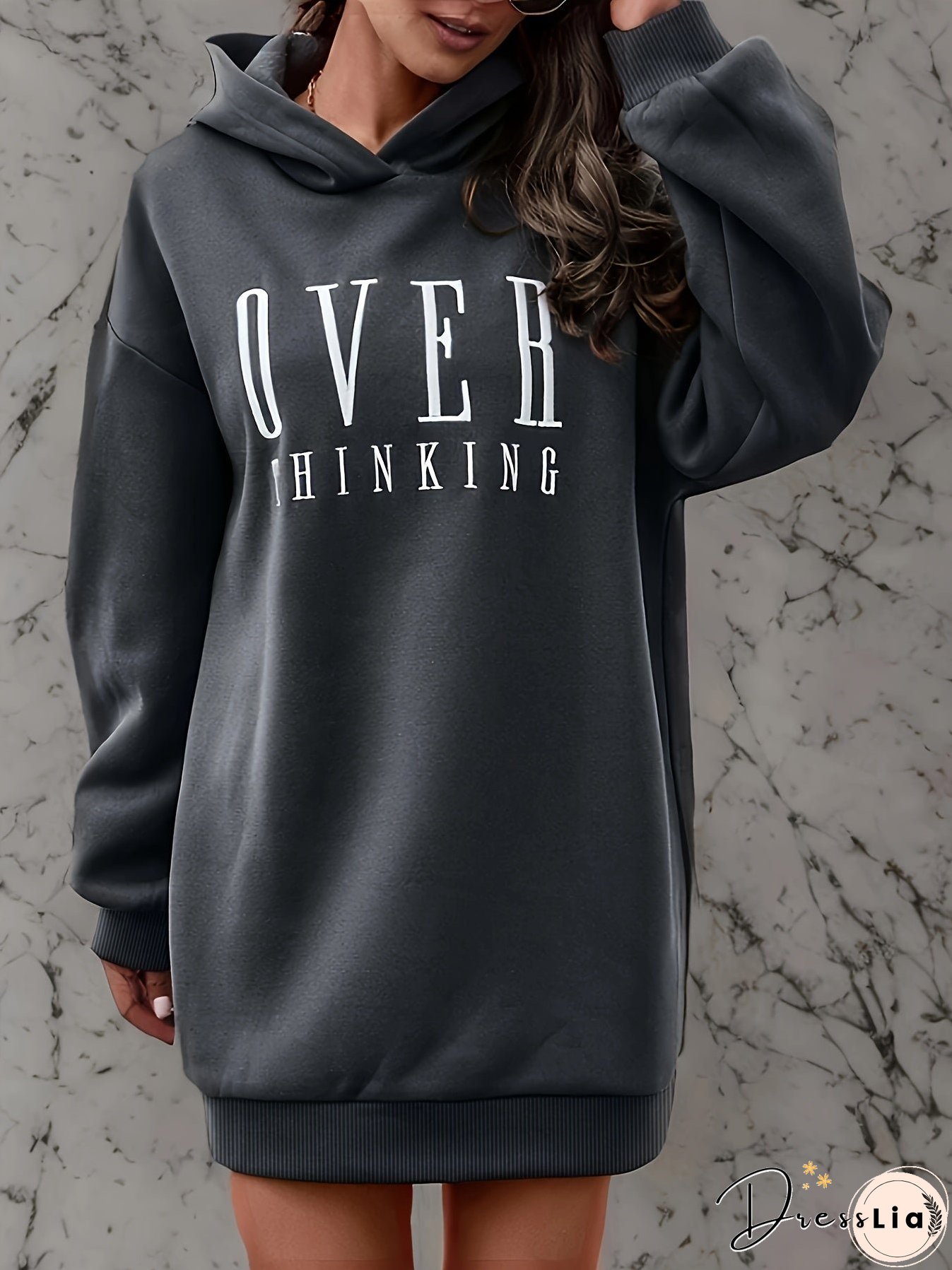 xieyinshe Letter Print Simple Hoodie, Casual Long Sleeve Drop Shoulder Hoodie, Women's Clothing