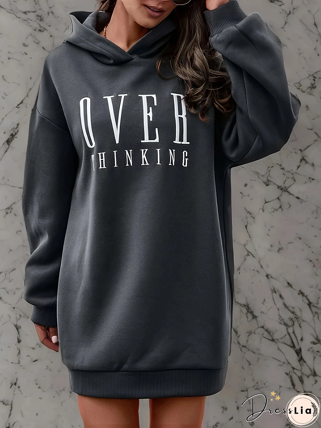 xieyinshe Letter Print Simple Hoodie, Casual Long Sleeve Drop Shoulder Hoodie, Women's Clothing