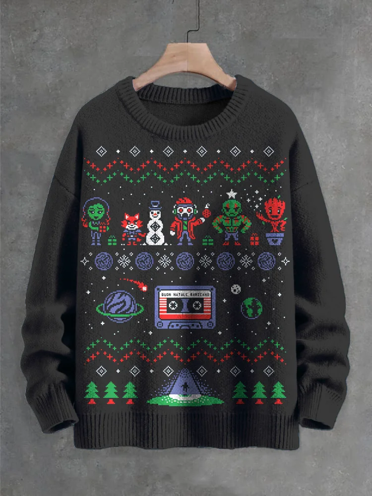 Men's Christmas Tree Snowman Character Graphic Print Knit Sweatshirt