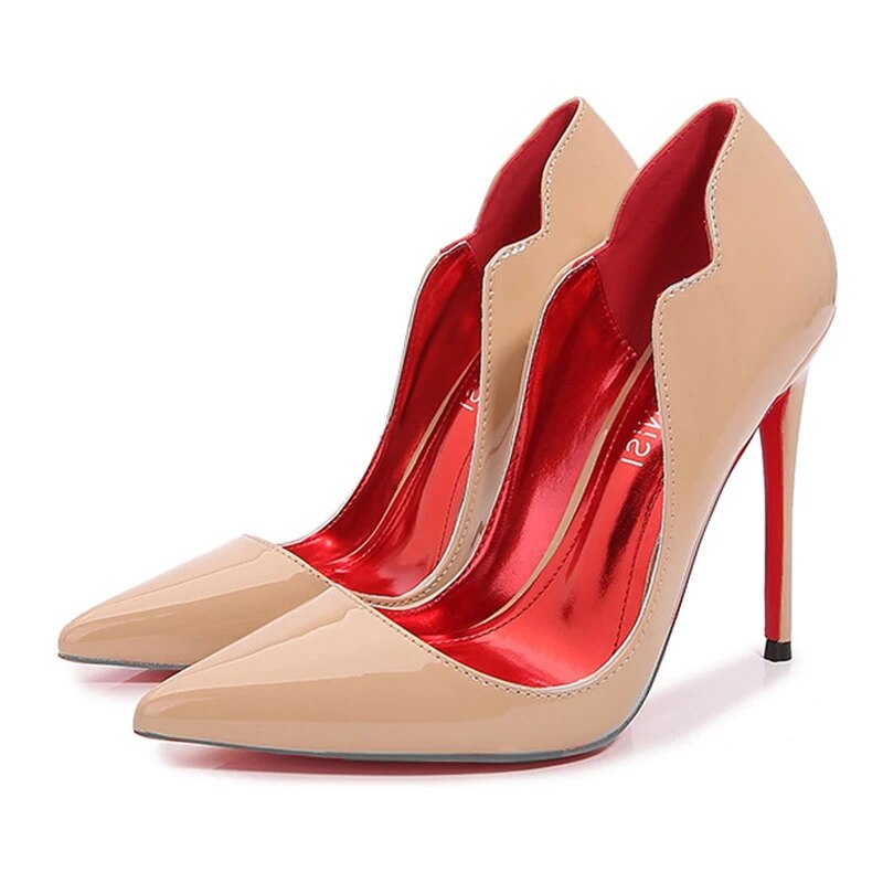 VCshoes Women Pumps Stilettos Glossy Patent Side V Cut High Heels Pointed Toe Party Curl Cut Celebrity Shoes Size46
