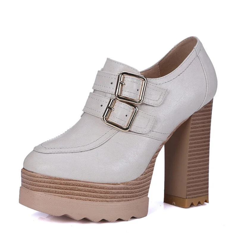 Gdgydh Spring Autumn Thick High-Heeled Shoes Pumps Woman Round Toe Lacing Female Platform Shoes Casual Office Ladies Shoes 42