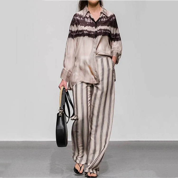 Fashion Striped Tie Dye Print Shirt Two Piece Set