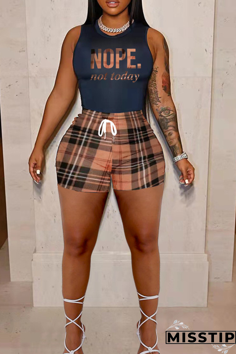 Red Casual Plaid Patchwork O Neck Plus Size Two Pieces