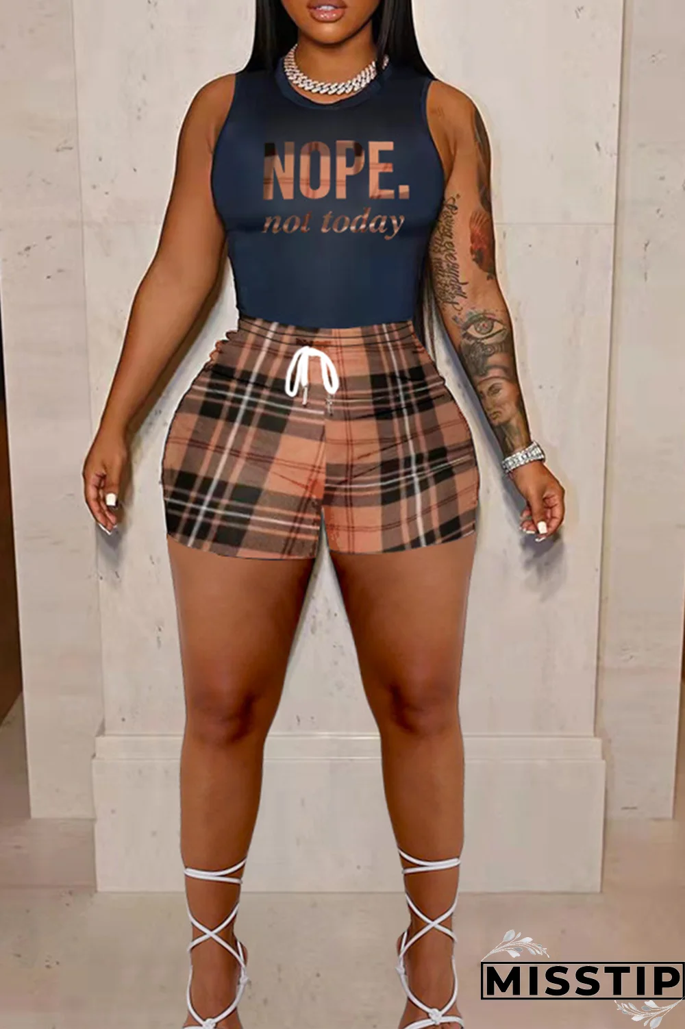 Red Casual Plaid Patchwork O Neck Plus Size Two Pieces