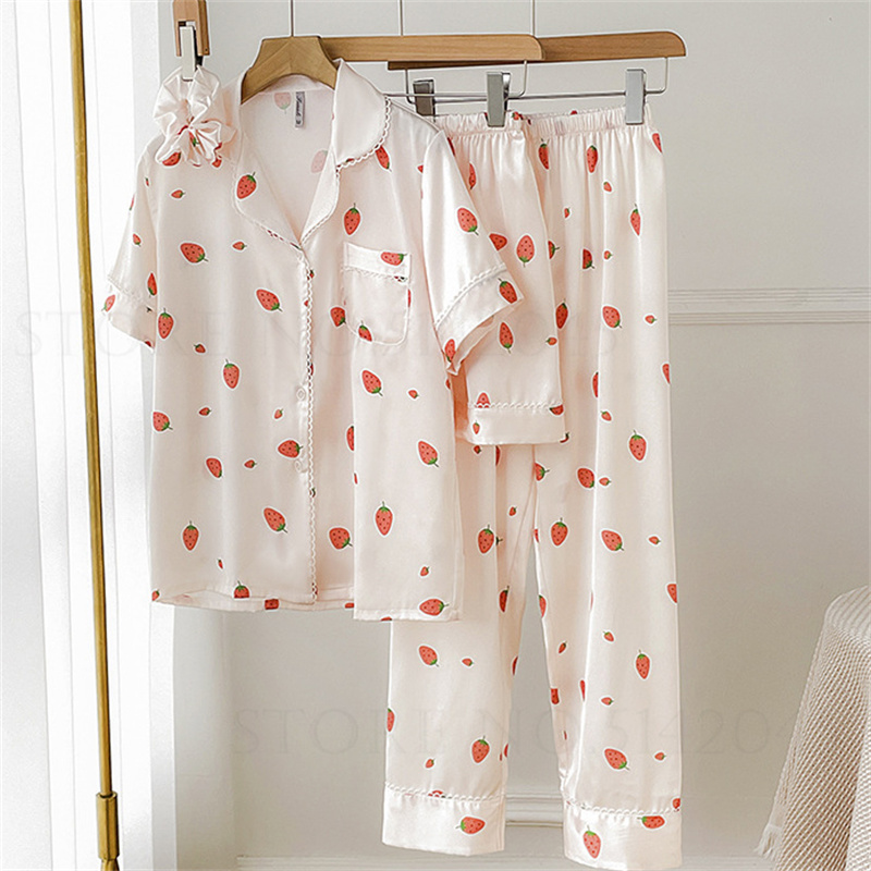 Bayuyun Female Pajamas 3PCS Sleepwear Sweet Print Strawberry Satin Trouser Suits Pijamas Lingerie Loose Casual Home Clothes Loungewear