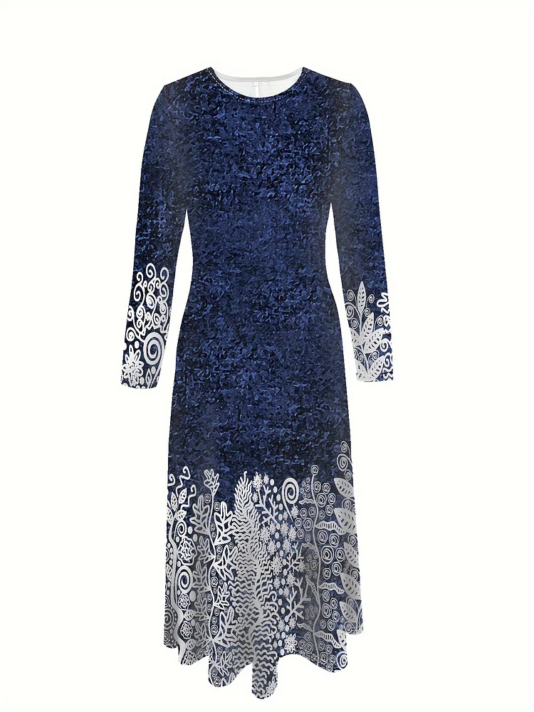 Elegant Plus Size Long Sleeve Fit And Flare Dress - Polyester & Spandex Crew Neck Midi With Plant Print Pattern - All-Season Knit Fabric Women's Apparel