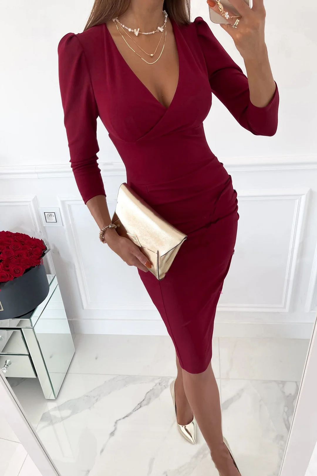 Brownm Autumn Collar Sexy Temperament Commuter Waist-tight Solid Dresses