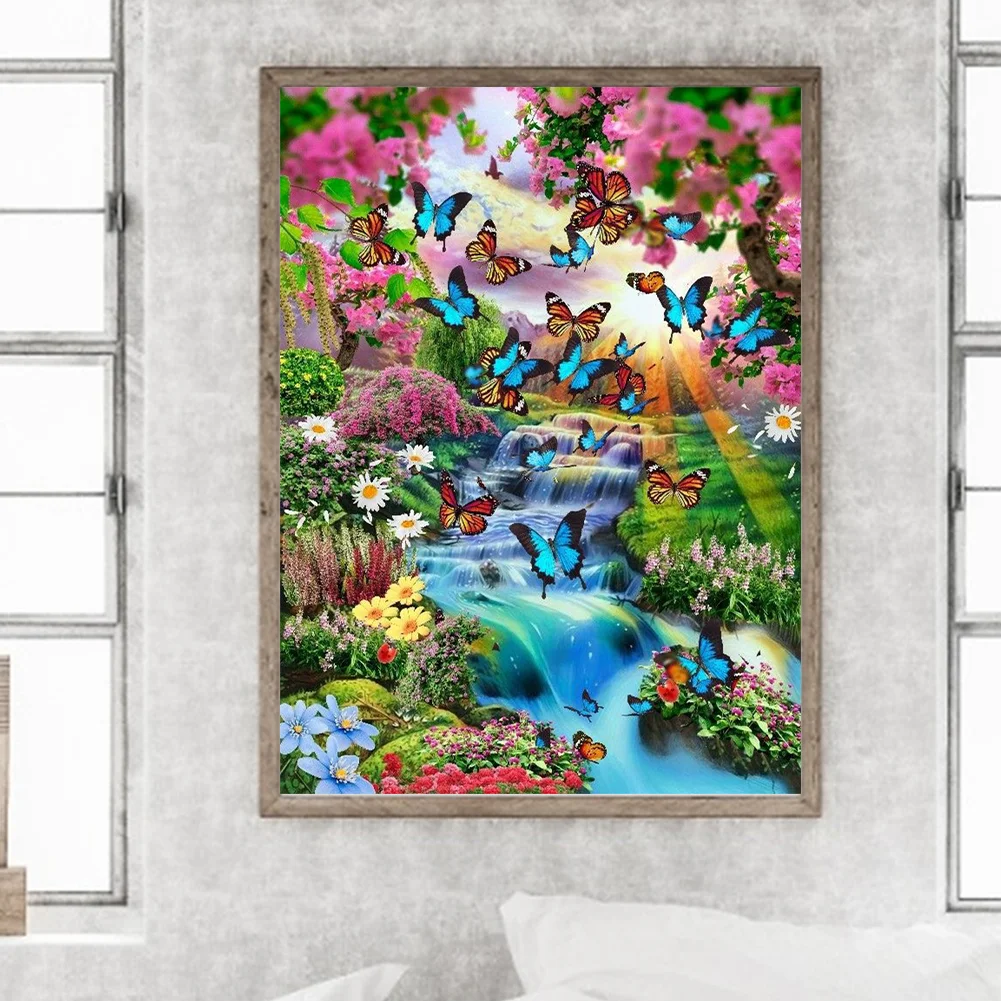 Diamond Painting - Full Round Drill - Flower Butterfly Waterfall(30*40cm)