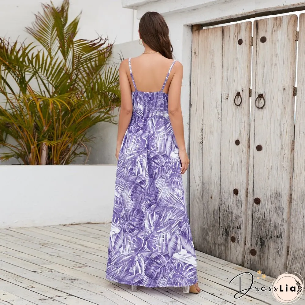 Bohemian print maxi dress sexy V-neck slip dress