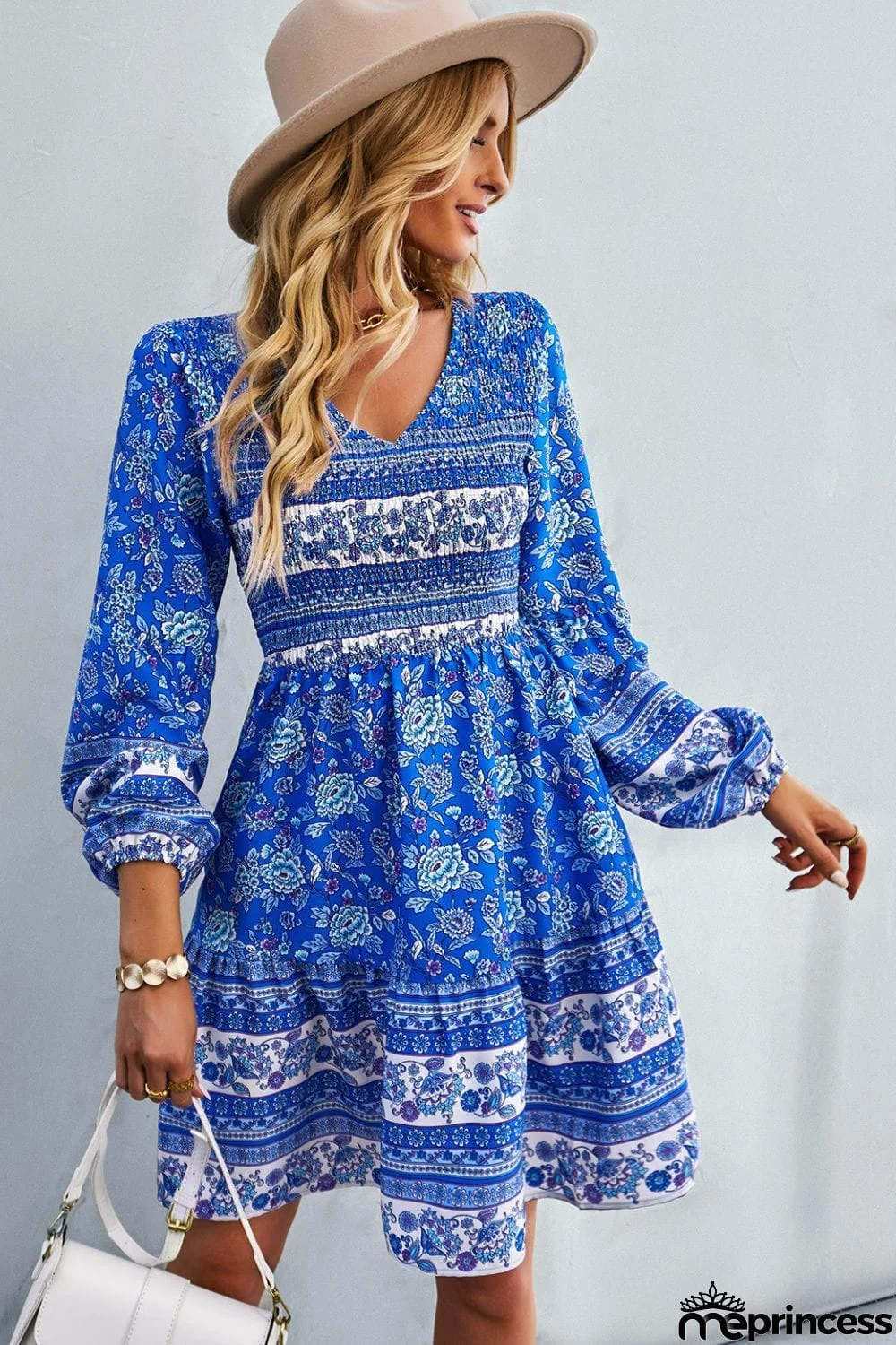 Bohemian V-Neck Balloon Sleeve Dress