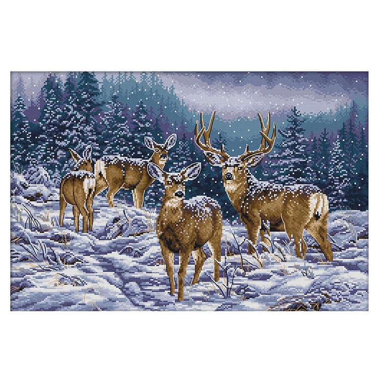 Joy Sunday - Winter Deer Group - 14CT 2 Strands Threads Printed Cross Stitch Kit - 53x38cm(Canvas)