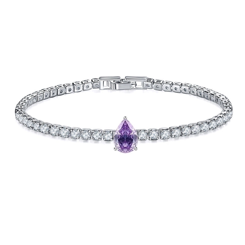 Copper Rhodium Plated Minimalist Shiny Inlay Round Water Droplets Heart Shape Zircon Tennis Bracelet