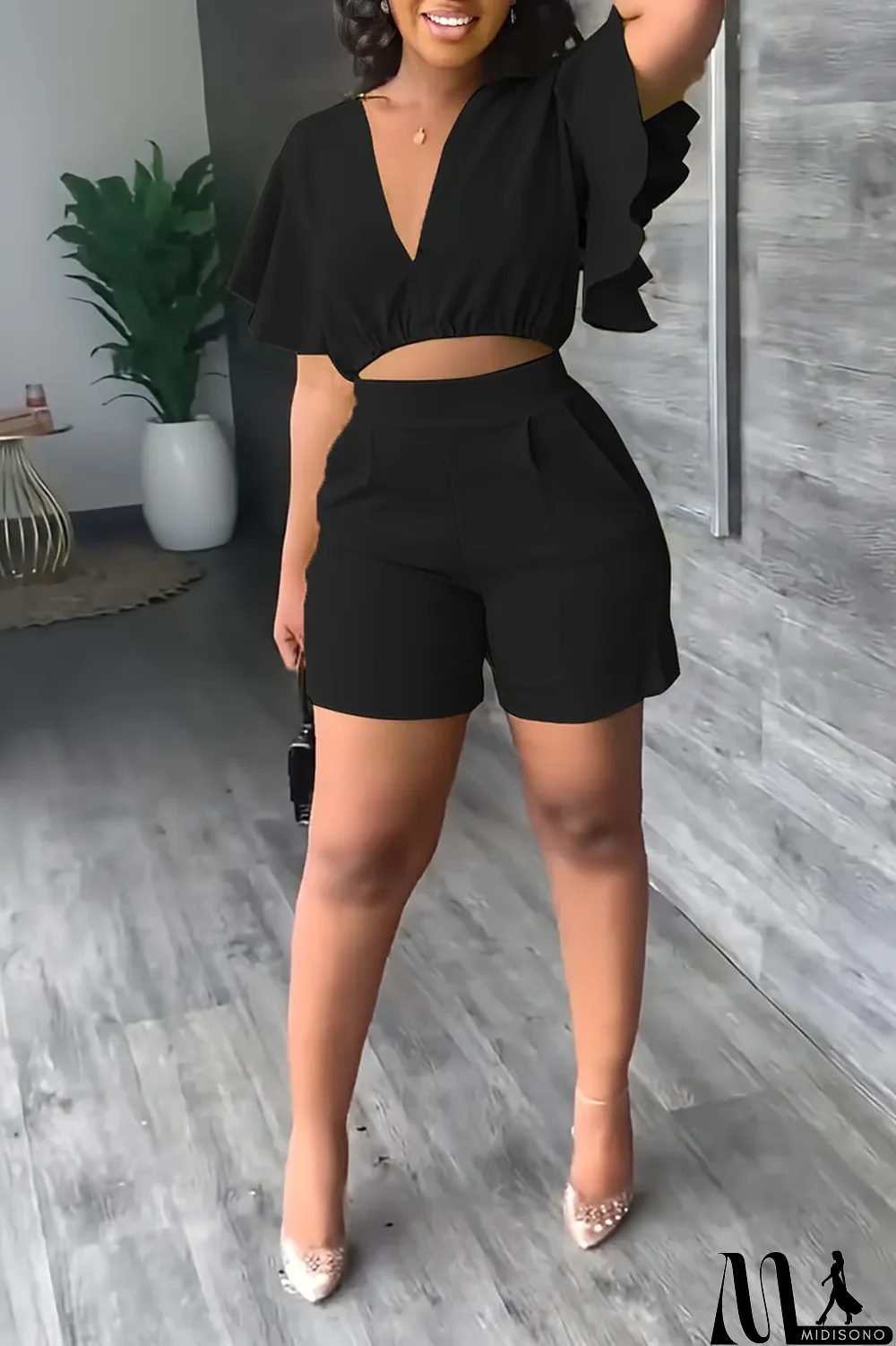 MidiSono - Yellow Casual Solid Patchwork Flounce V Neck Short Sleeve Two Pieces