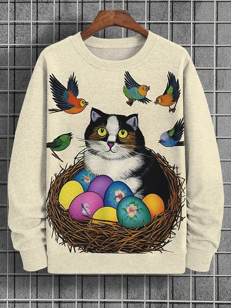 Men's Birds Cat Painted Eggs Print Casual Sweatshirt