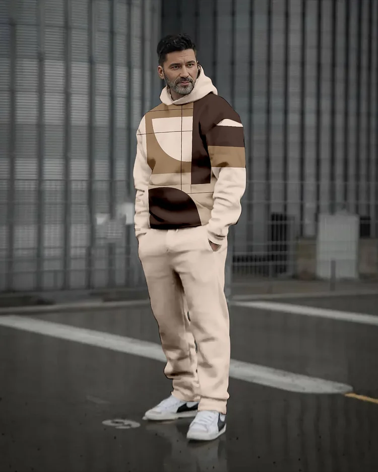 Men's Colorblock Printed Casual Sports Hoodie Set 460