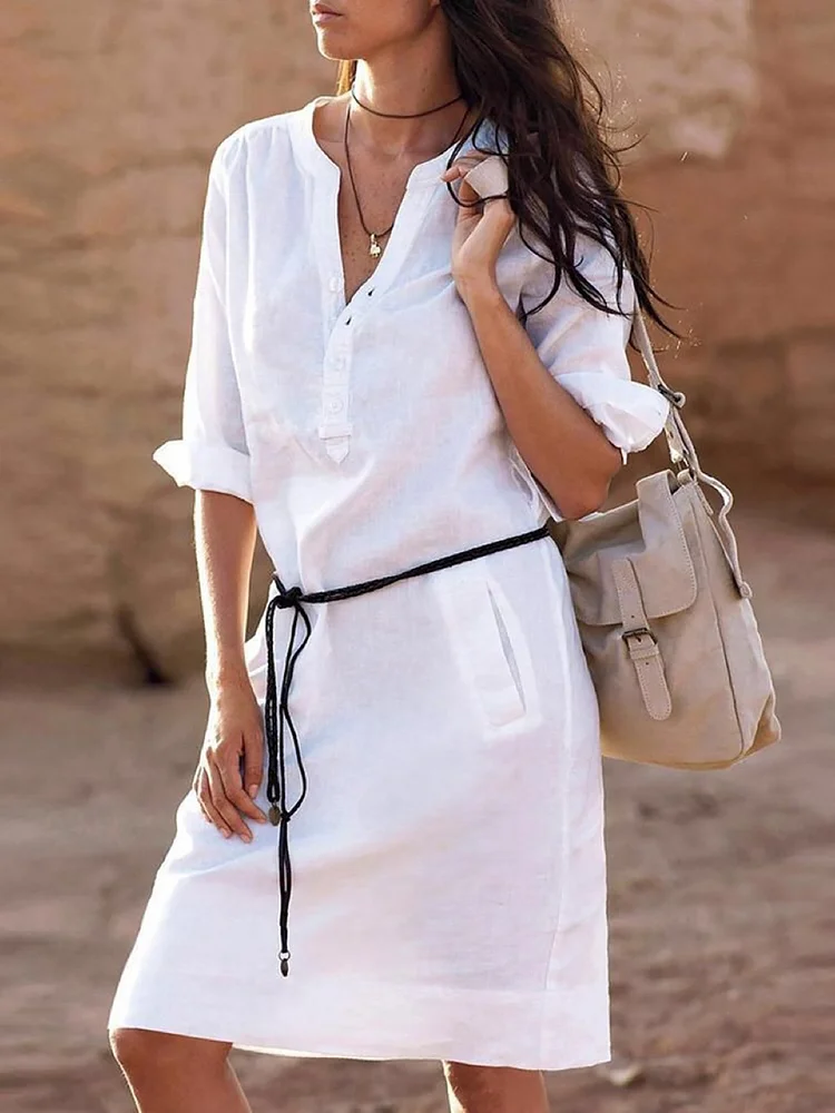 Stand Collar  Women Daytime Half Sleeve Basic Pockets Solid Summer Dress
