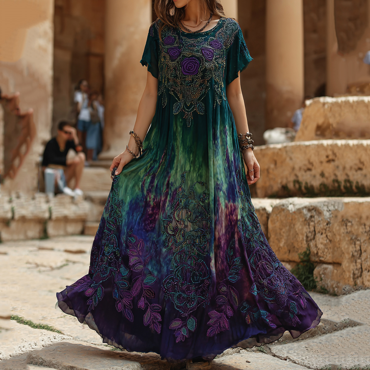 Women's Vintage Floral Embroidery Gradient Pattern Round Neck Maxi Dress elevenforest