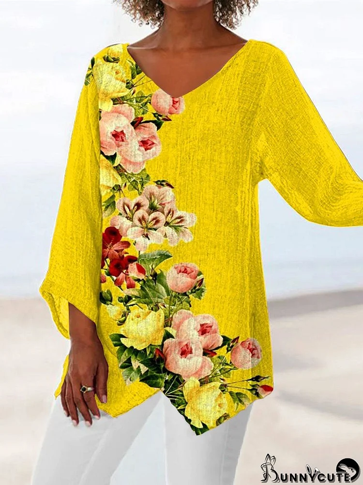 Women Asymmetrical 3/4 Sleeve V-neck Floral Printed Top