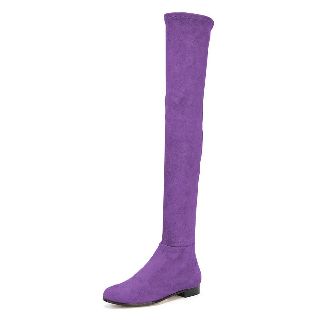 Round Toe Vegan Suede Low Heel Over The Knee Boots in Purple