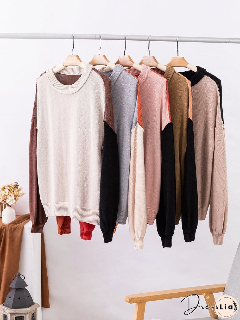 Brown Colorblock Bishop Sleeve Patchwork Rib Knit Sweater