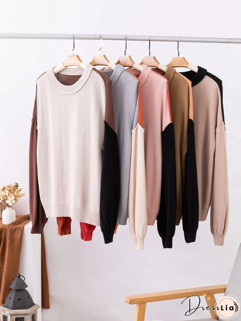 Brown Colorblock Bishop Sleeve Patchwork Rib Knit Sweater