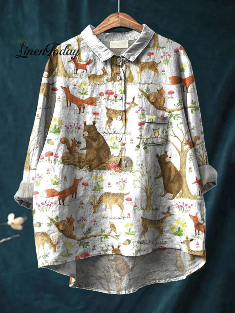 Women’s Vintage Lovely Woodland Animals Art Print Casual Cotton And Linen Shirt Top1 / S