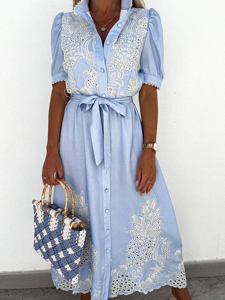 Exquisite Lace Stitching Hollow Waist Wide Swing Dress