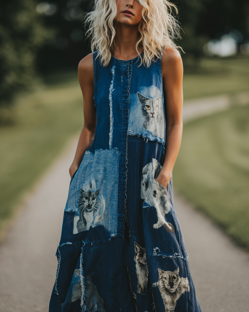 Women's Patchwork Cat Design Midi Dress elevenforest