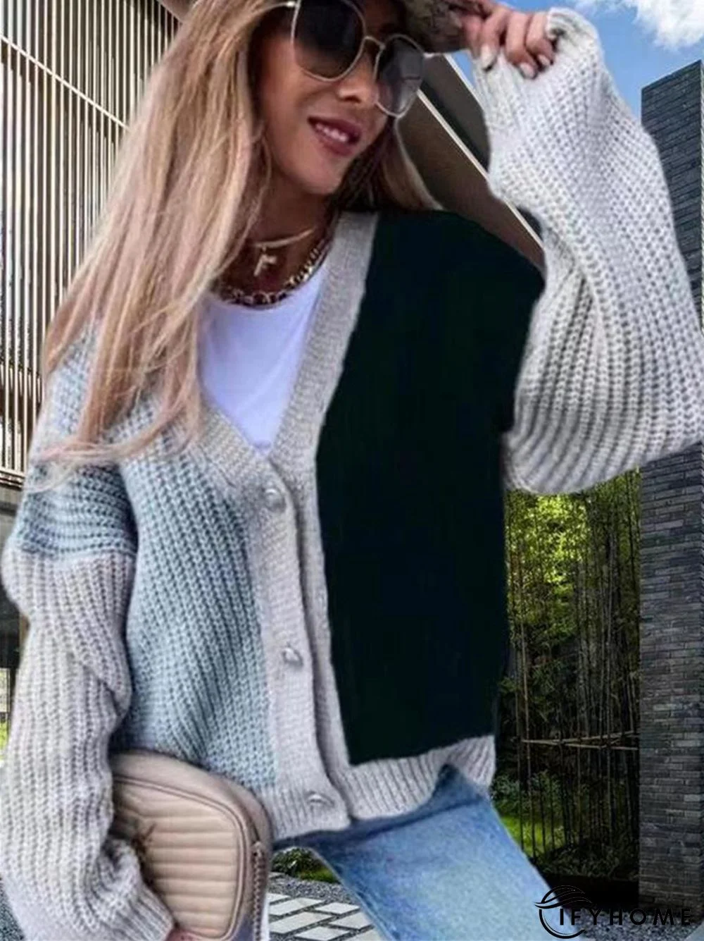 Splice Personalized Fashion V-Neck Knitted Cardigan Sweater | IFYHOME