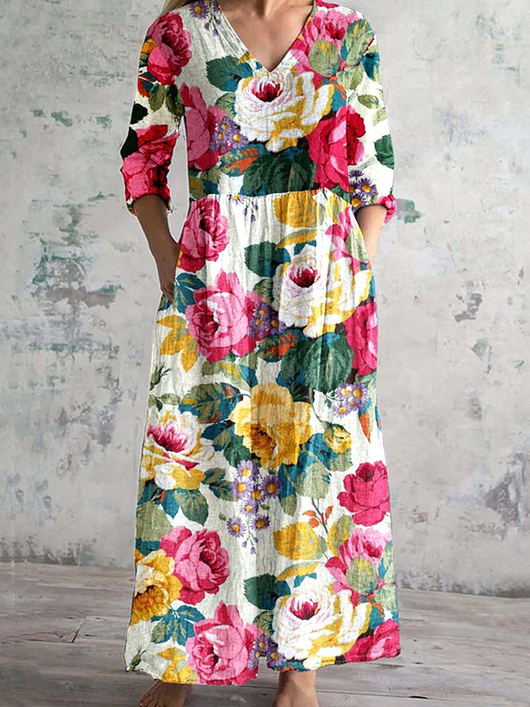 Comstylish Floral Print V-Neck Casual Loose Midi Dress