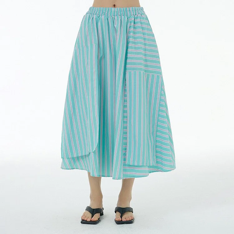 Casual Contrast Color Striped Asymmetrical Patchwork Skirt